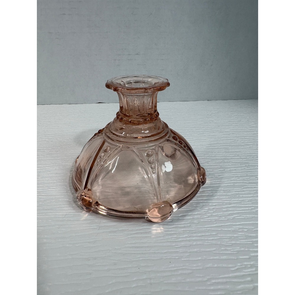 Vintage Pink Depression Glass Candle Holder Beaded Scalloped Base 2.75" S0175